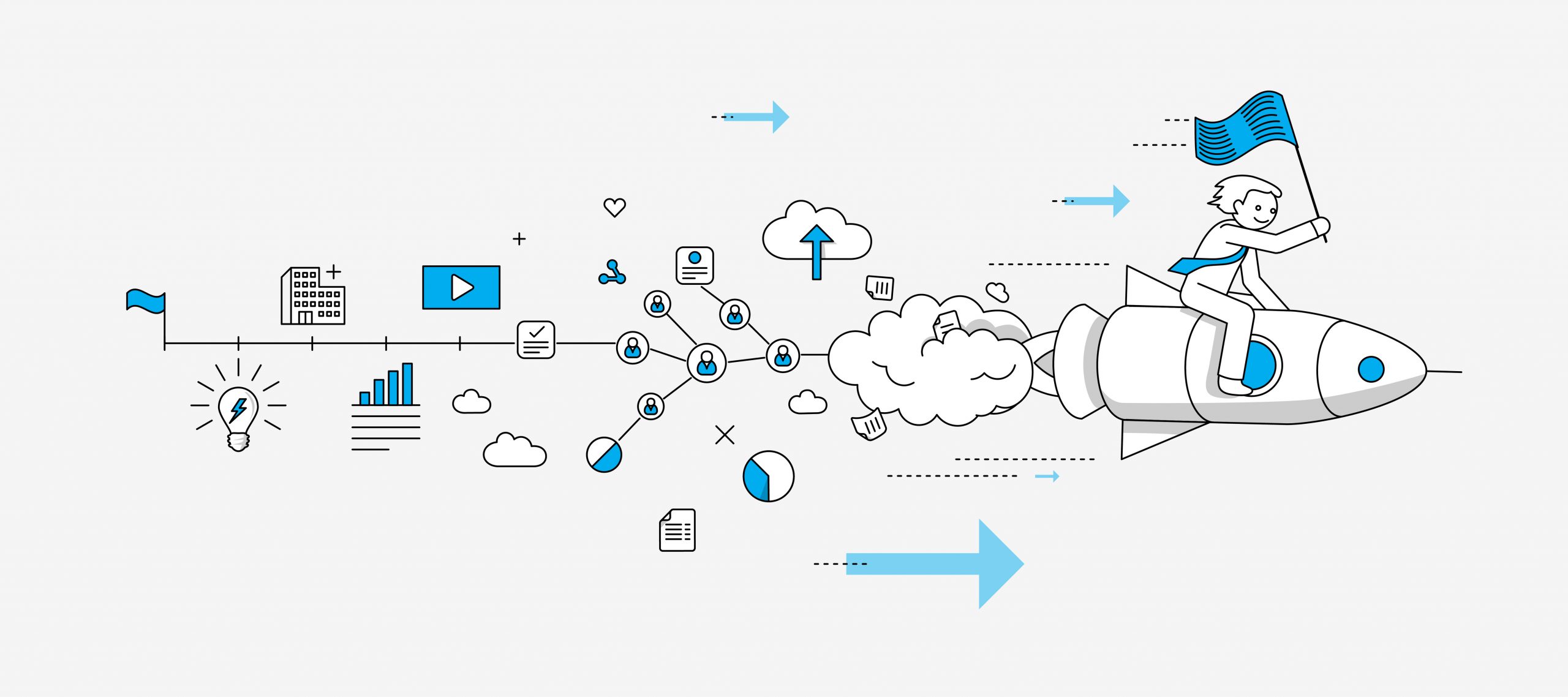 Line drawing of a person riding a rocket depicting a journey of progress and innovation.