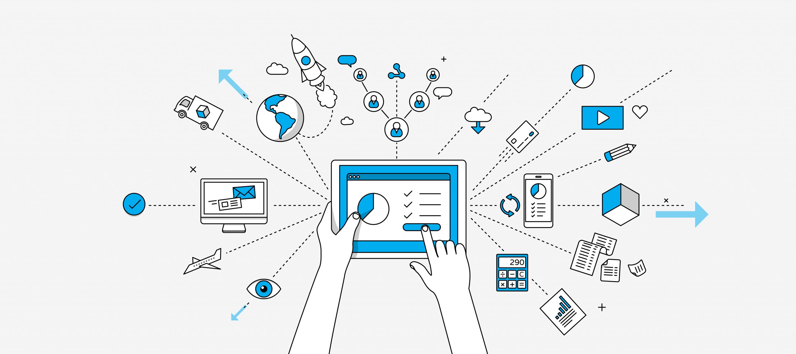 Illustration of hands using a tablet with icons representing digital media