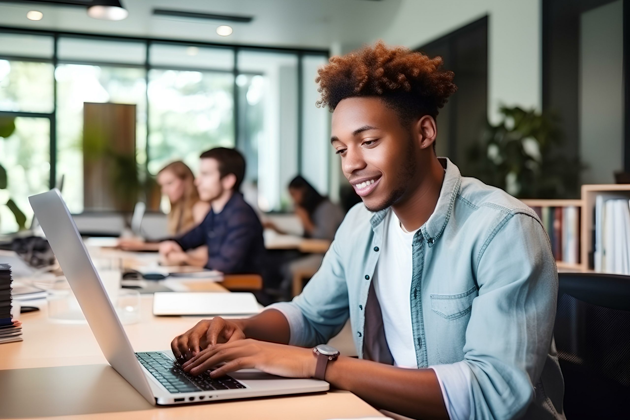 A young man smiling while using a laptop the background.