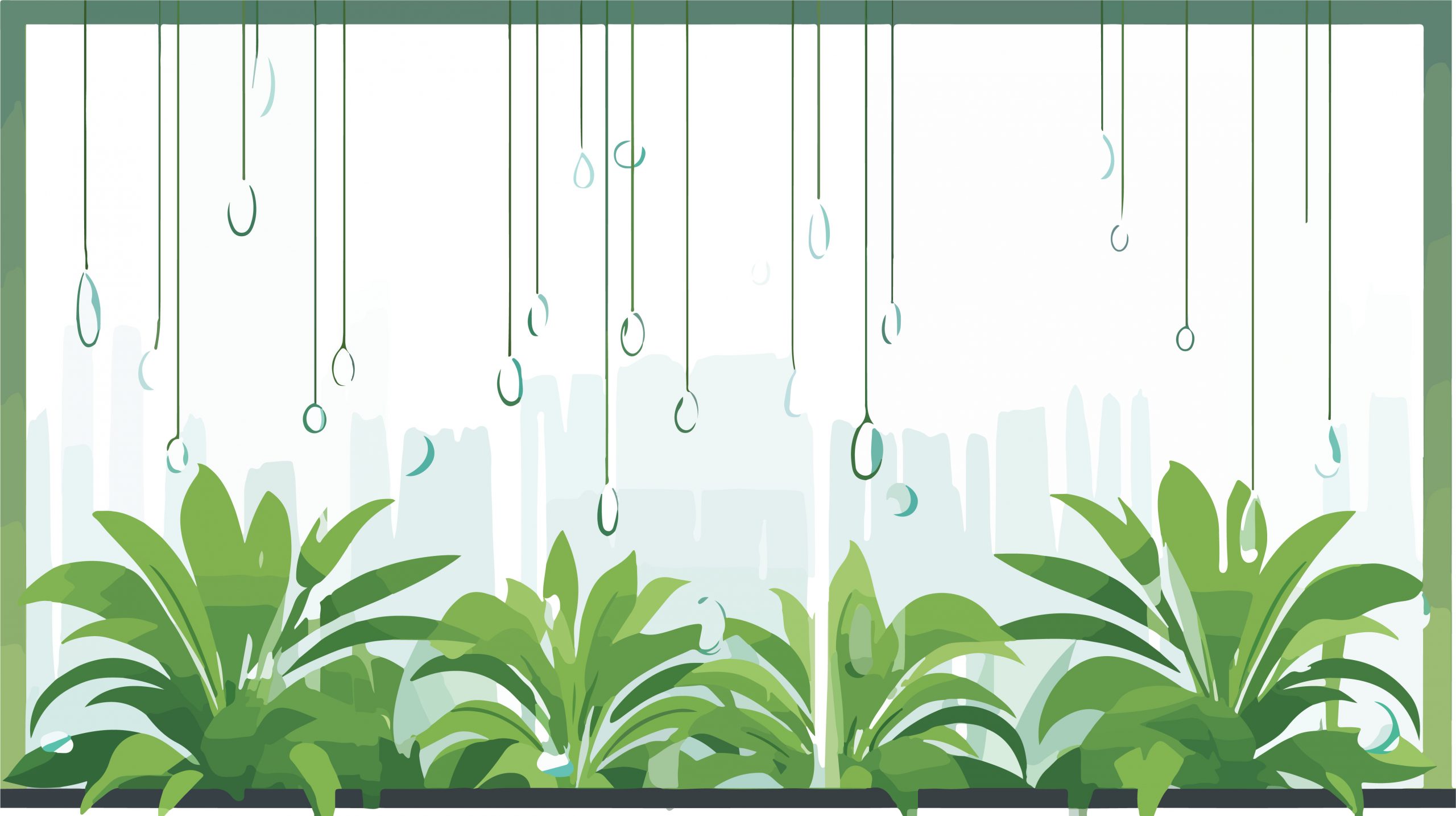 Illustration of green plants on a windowsill with raindrops outside window beyond them. The background features a city skyline in a muted, foggy style.