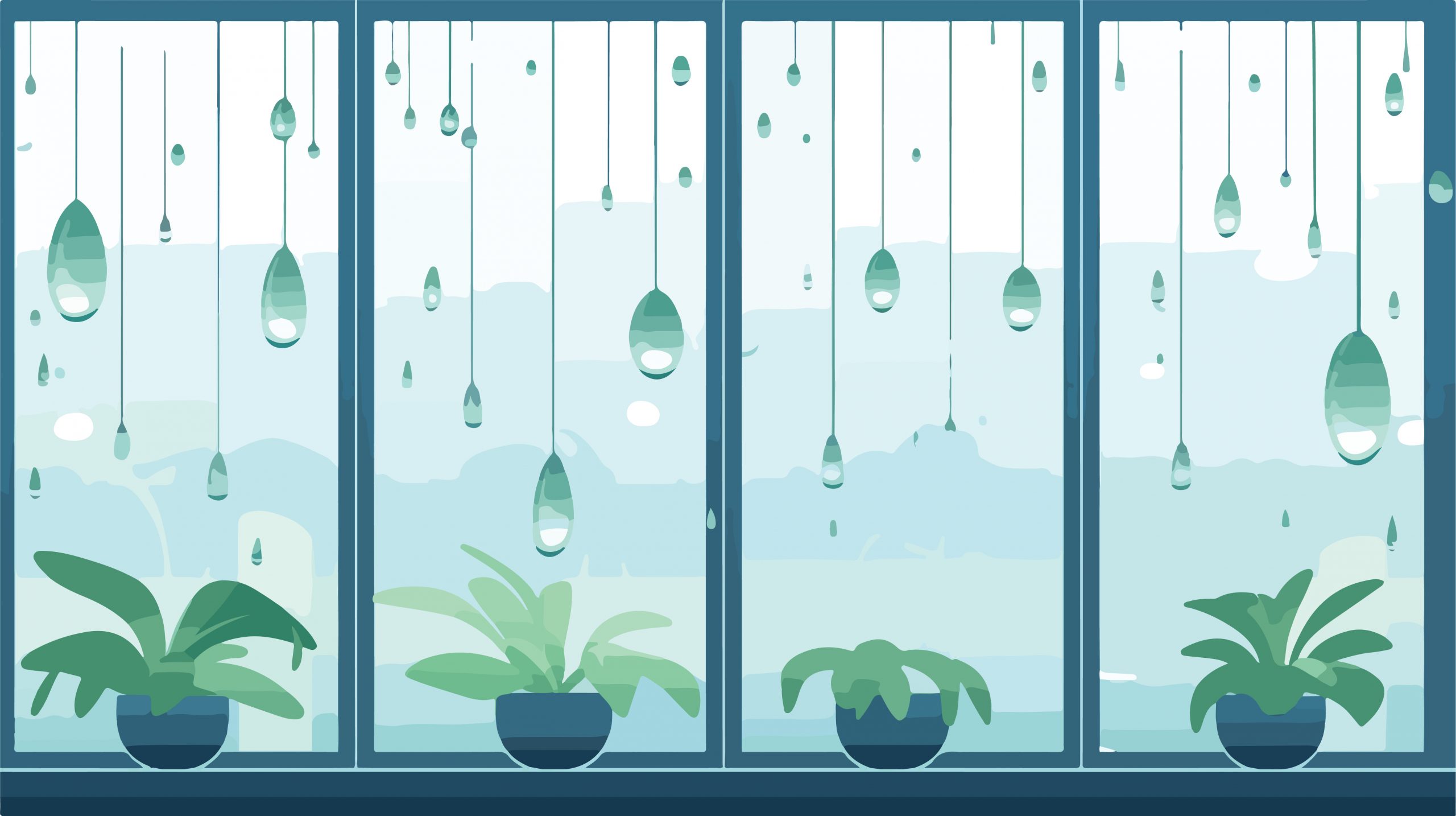 Illustration of plants on the windowsill. a large window with rain outside. overlooking a cloudy sky.