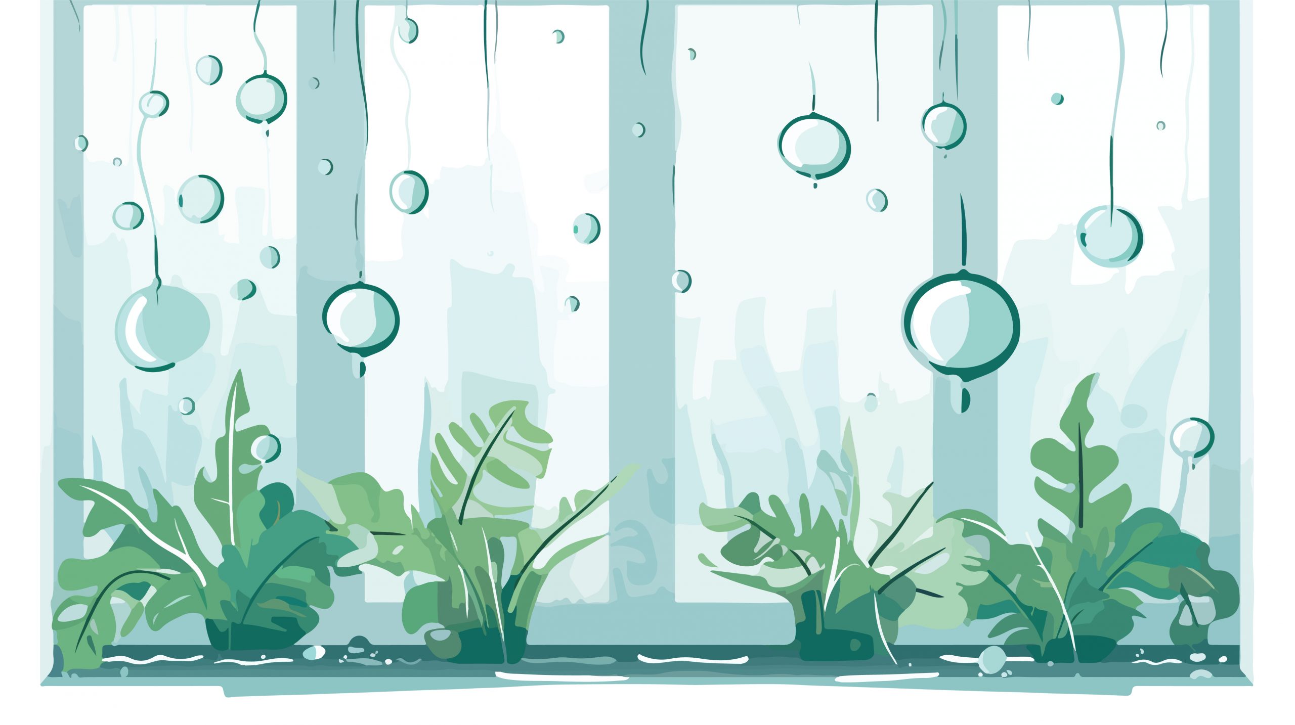 Illustration of several potted plants on a windowsill with bubbles floating in the air.