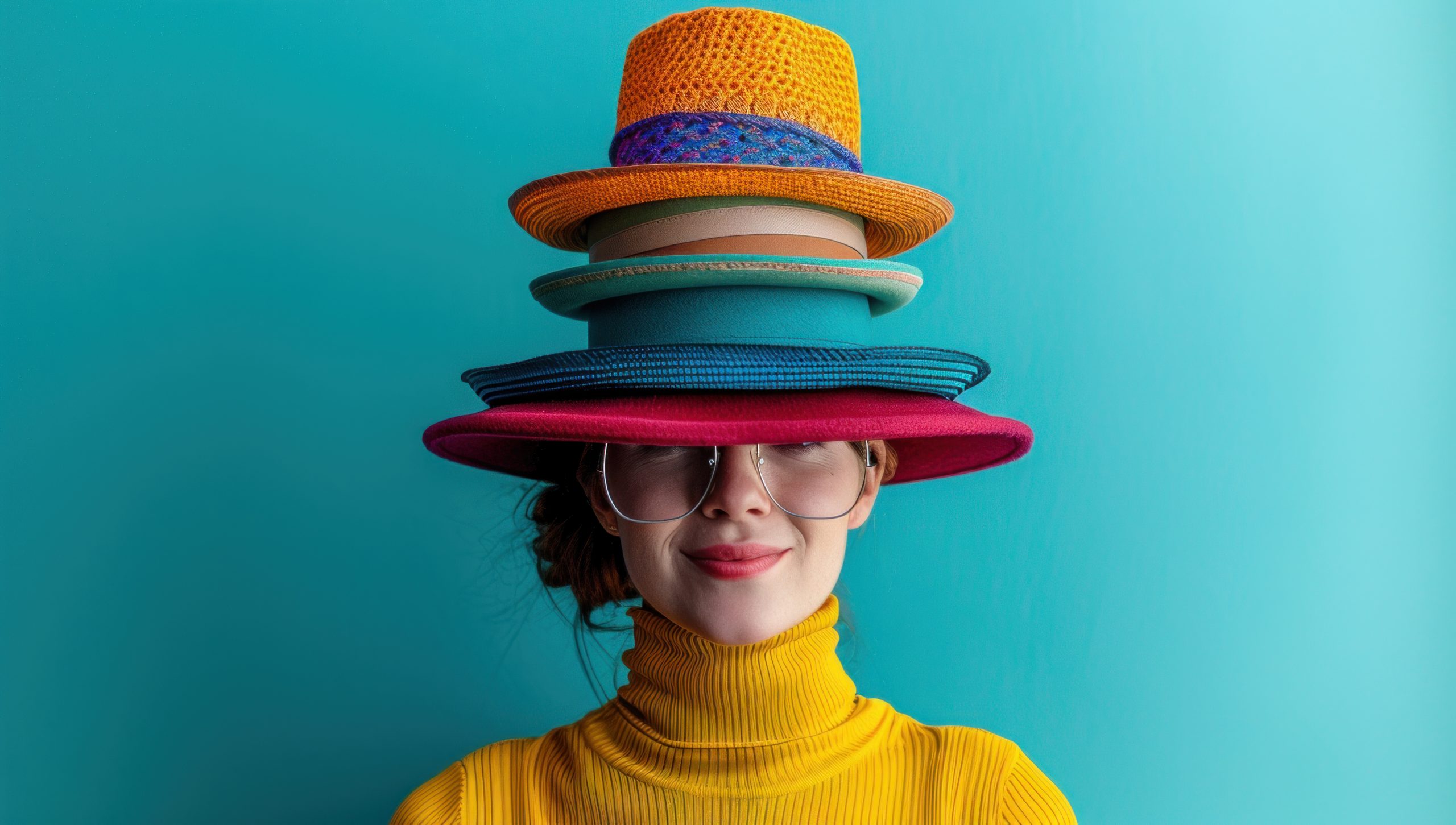 A person wearing multiple hats stacked on their head, with large glasses and a yellow turtleneck, standing against a blue background.