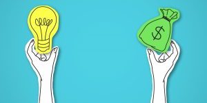 Two illustrated hands: one holding a yellow lightbulb and the other holding a green money bag, against a blue background.