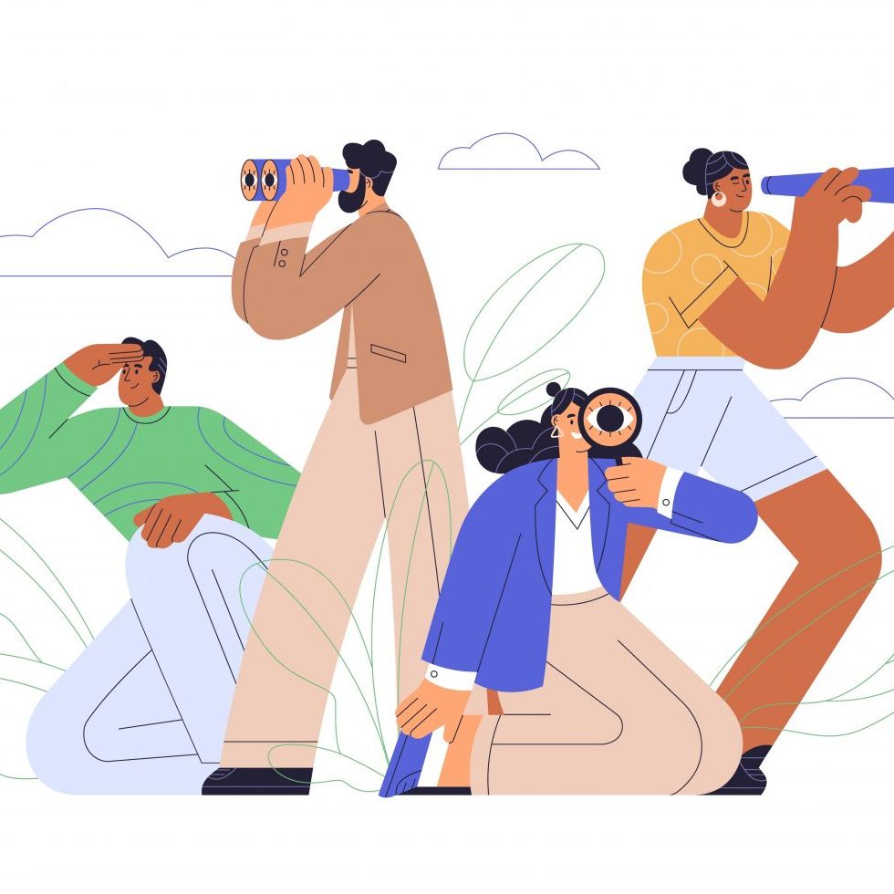 Colourful illustration of different people searching with telescope, magnifying glass etc