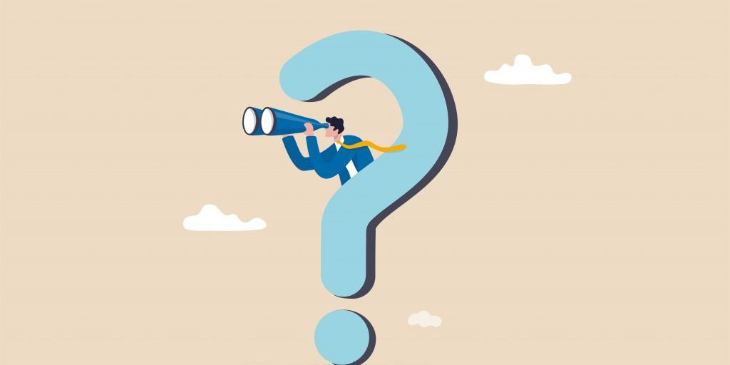 Illustration of a person holding binoculars, standing inside the curve of a large question mark, with small clouds in the background.