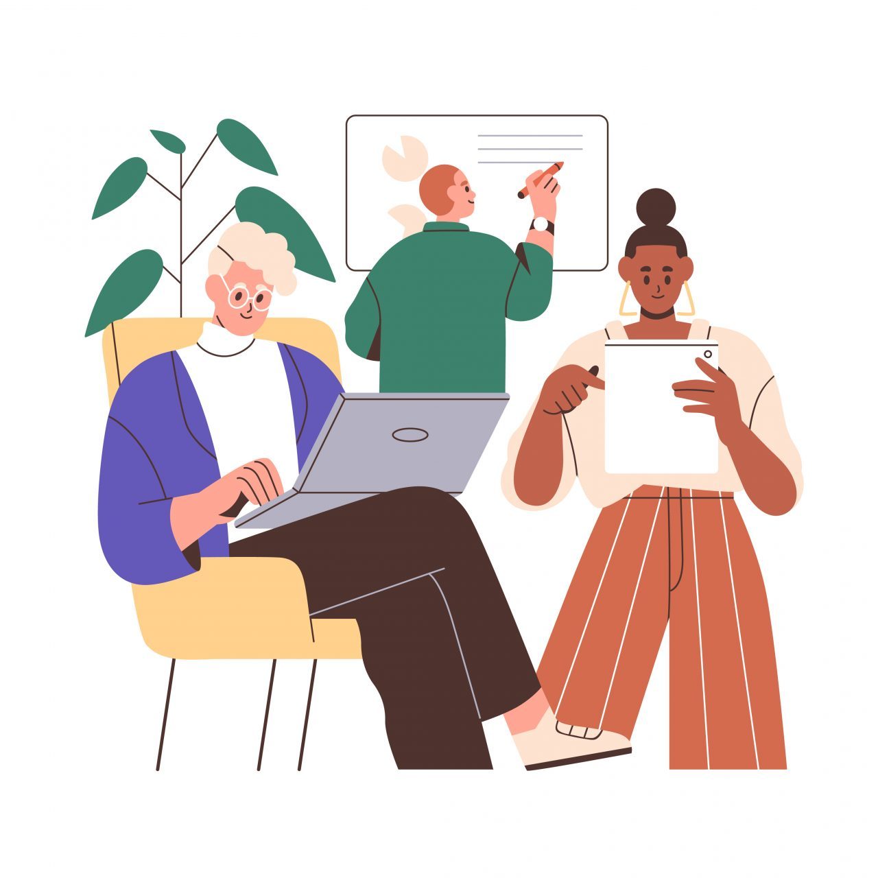 Colourful illustration of three people on white background working