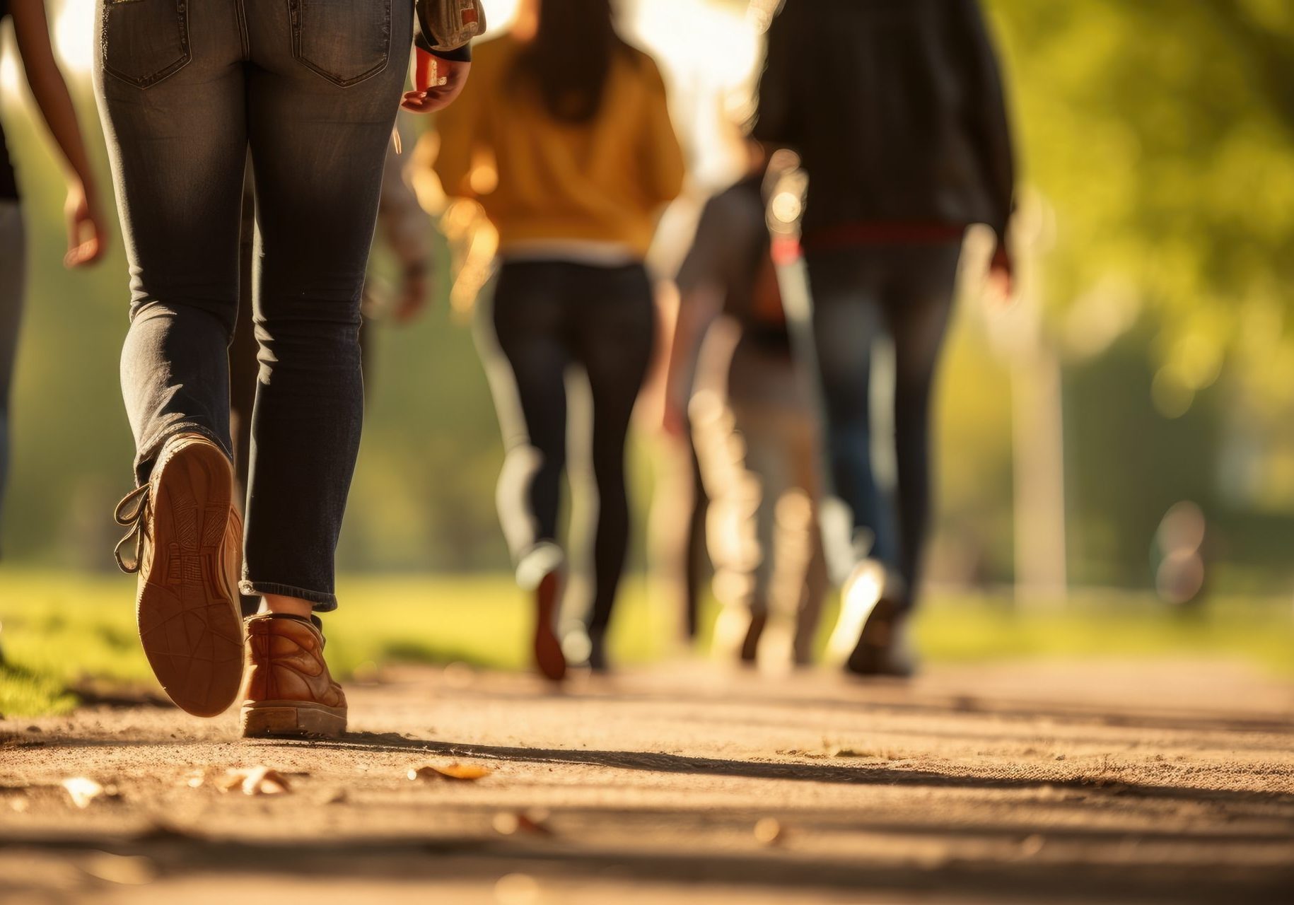 Group of people walking on a park path,